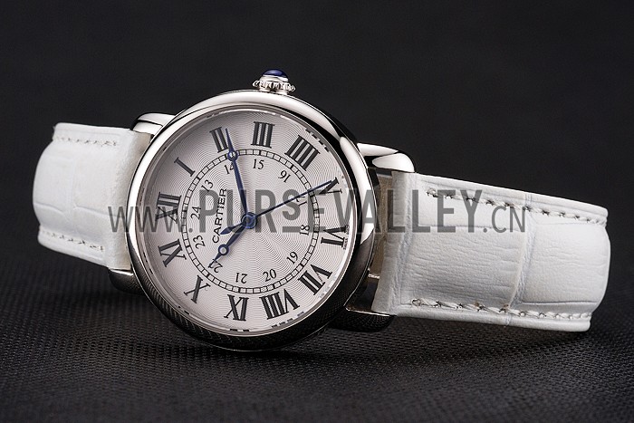 Cartier Ronde White Dial Stainless Steel Case White Leather Strap