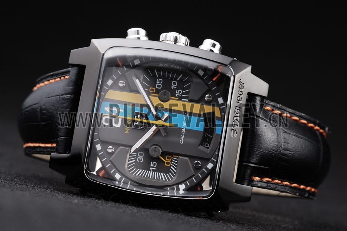 Tag Heuer Swiss Monaco Black Leather Strap Blue-Yellow Striped Black Dial