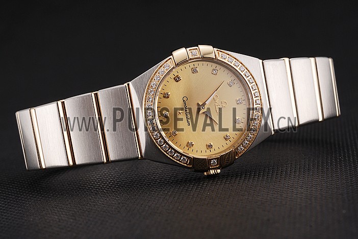 Swiss Lady Omega Constellation Crystal Encrusted Bezel Golden Dial 80293