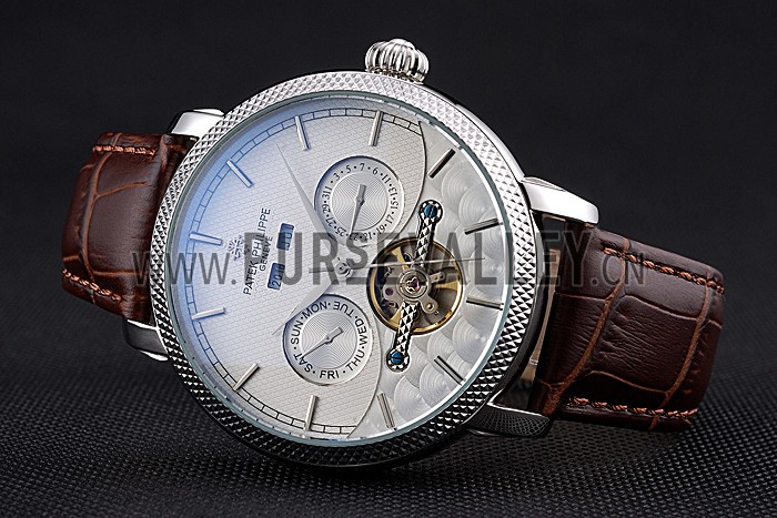 Patek Philippe Day Date Tourbillon White Dial Stainless Steel Case Embossed Bezel Brown Leather Strap 622837