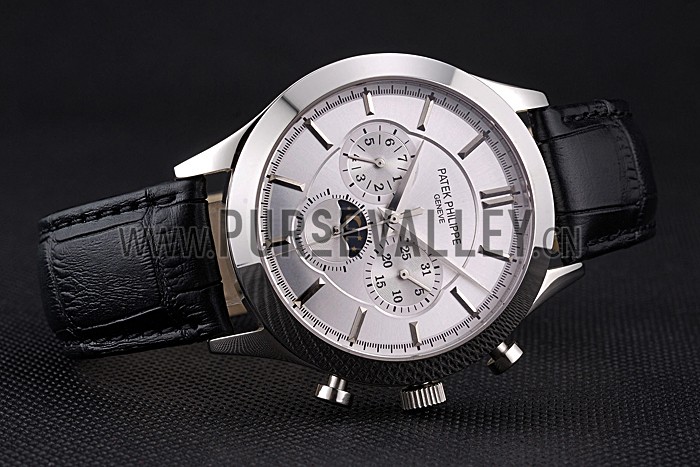Patek Philippe Moonphase Chronograph White Dial Stainless Steel Case Black Leather Strap 622841