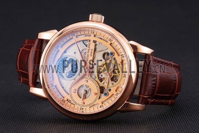 Patek Philippe Dual Time Moonphase Tourbillon Gold Skeletonised Dial Rose Gold Case Brown Leather Strap
