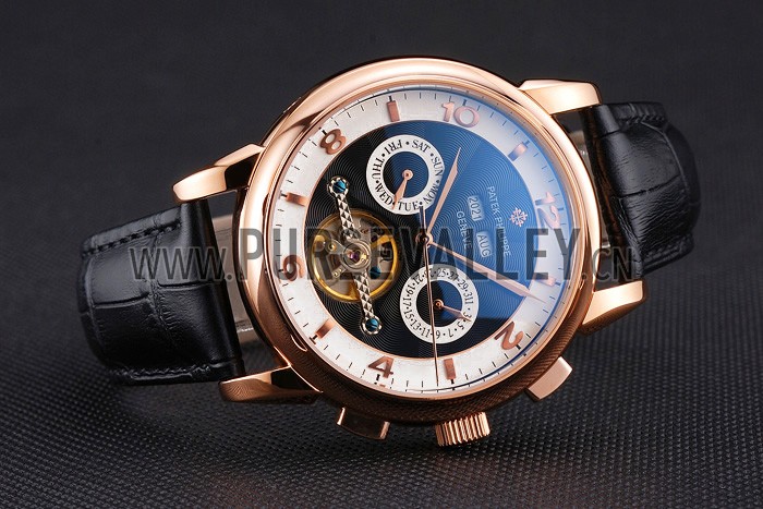 Patek Philippe Perpetual Calendar Tourbillon Black And White Dial Rose Gold Case Black Leather Strap