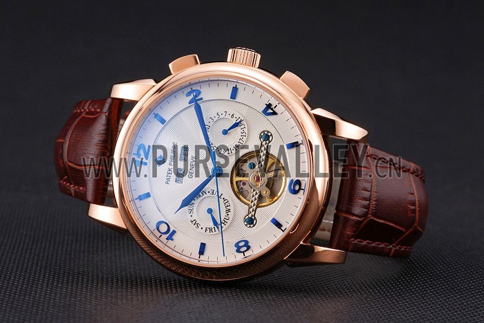 Patek Philippe Perpetual Calendar Tourbillon White Dial Rose Gold Case Brown Leather Strap