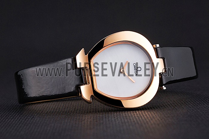 Omega Ladies Watch White Dial Gold Case Black Leather Strap 622820