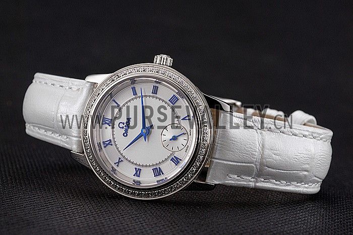Omega De Ville Prestige Small Seconds White Dial Diamond Bezel Stainless Steel Case White Leather Strap
