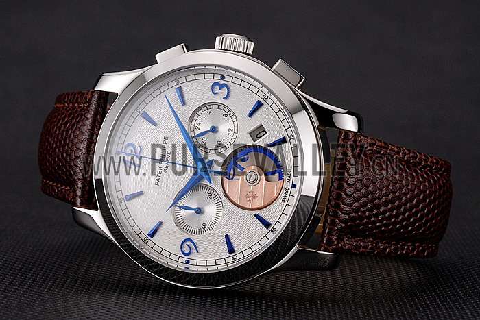 Patek Philippe Chronograph White Guilloche Dial Blue Hands Stainless Steel Case Brown Leather Strap