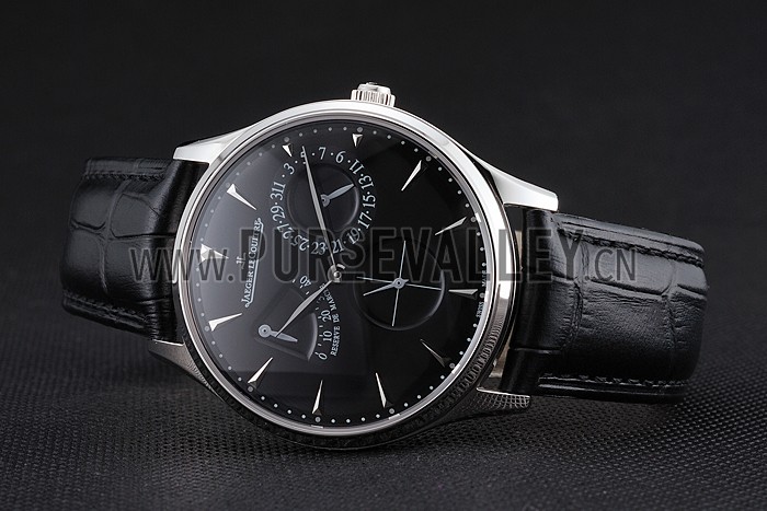 Swiss Jaeger LeCoultre Master Ultra Thin Reserve De Marche Black Dial Stainless Steel Case Black Leather Strap