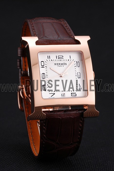 Hermes Heure H White Dial Gold Case Brown Leather Strap