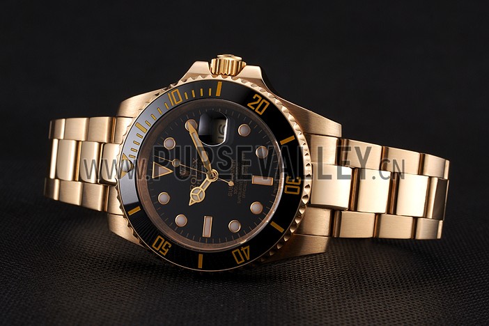 Swiss Rolex Submariner Black Dial Black Bezel Yellow Gold Case And Bracelet