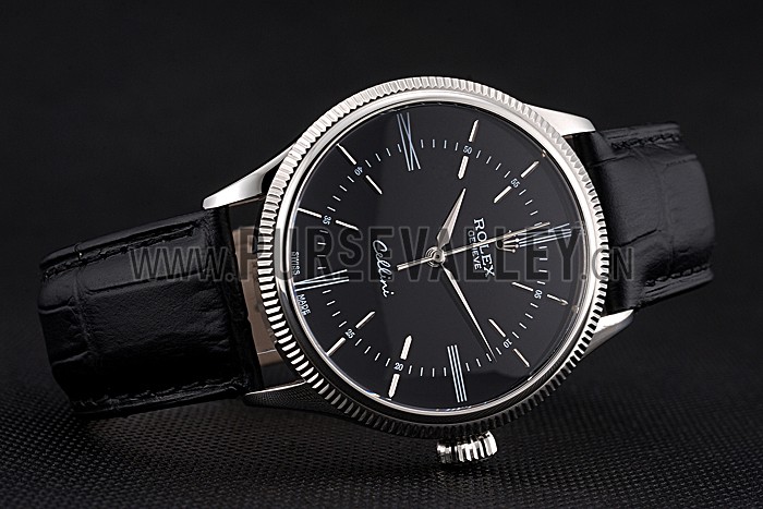 Swiss Rolex Cellini Time Silver Case Black Dial Black Leather Bracelet 622654