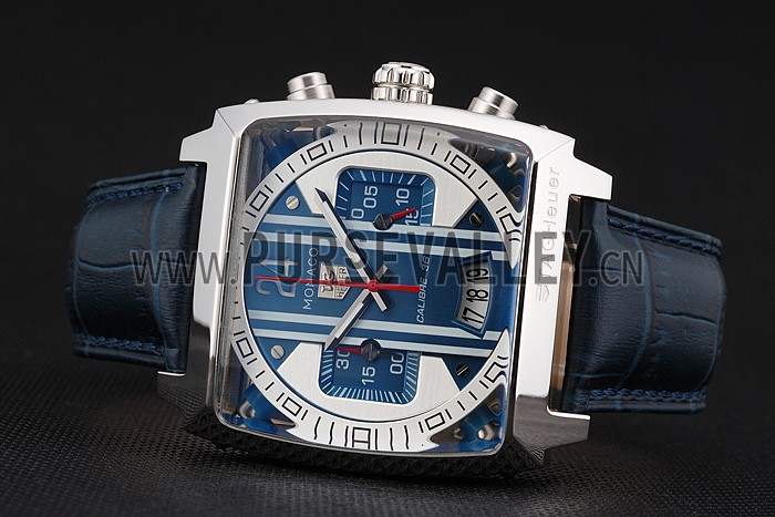 Tag Heuer Monaco 24 Calibre 36 Chronograph Blue And Grey Stripes Dial Blue Leather Strap 622273