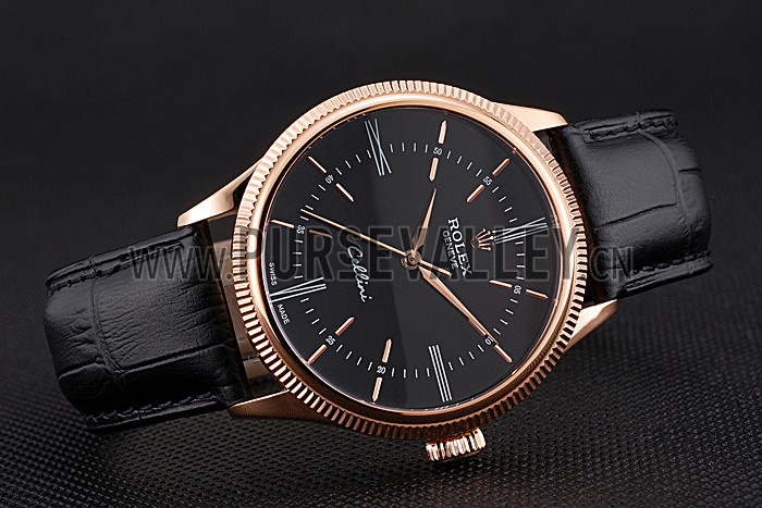 Swiss Rolex Cellini Time Rose Gold Case Black Dial Black Leather Bracelet 622656
