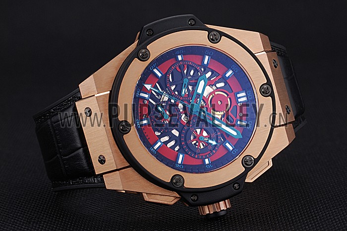Swiss Hublot Big Bang Limited Edition Black And Red Dial Gold Case Black Leather Strap 62289