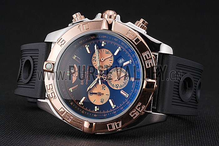 Breitling Chronomat Black Dial Rose Gold Bezel And Subdials Stainless Steel Case Black Rubber Strap