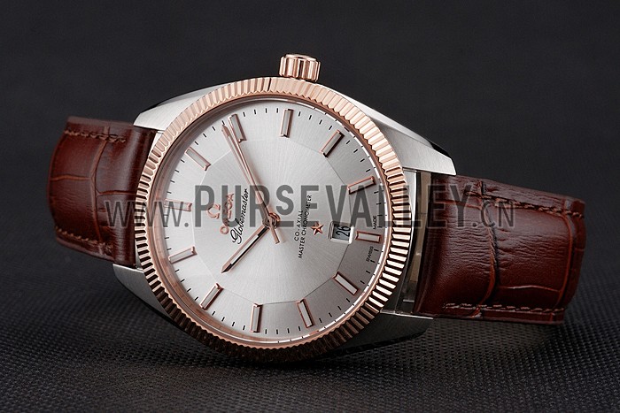 Omega Globemaster Silver Dial Rose Gold Bezel Stainless Steel Case Brown Leather Strap