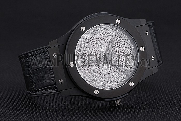 Hublot Classic Fusion Diamond Skull Dial Black Steel Case Black Leather Strap 622815