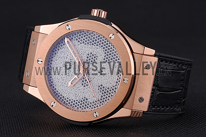 Hublot Classic Fusion Diamond Skull Dial Gold Case Black Leather Strap 622816