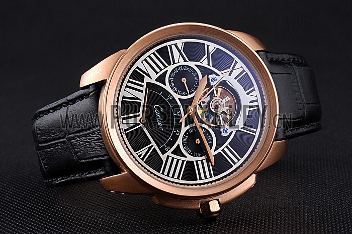 Cartier Calibre Tourbillon Black Dial Gold Case Black Leather Strap 622754