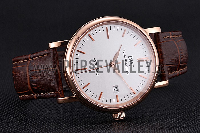 Swiss IWC Portofino Gold Case White Dial Brown Leather Bracelet 622668