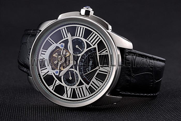 Cartier Calibre Tourbillon Black Dial Stainless Steel Case Black Leather Strap 622752