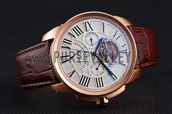 Cartier Calibre Tourbillon White Dial Gold Case Brown Leather Strap 622753