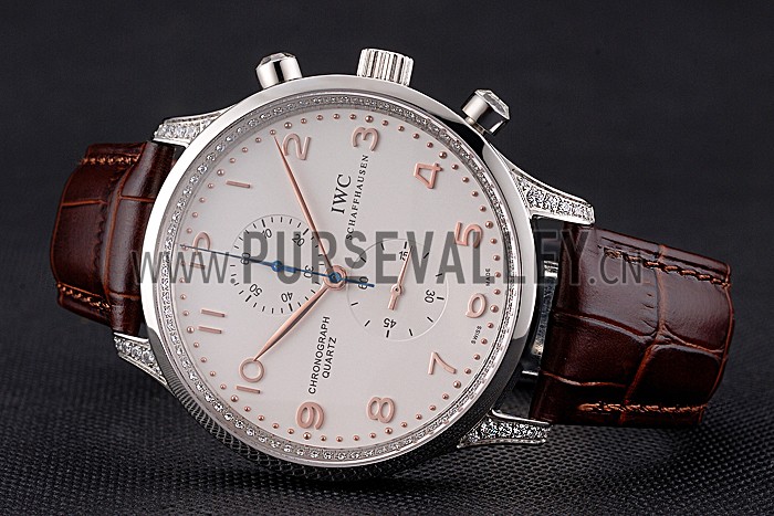 IWC Portugieser Chronograph White Dial Rose Gold Hands And Numerals Steel Case With Diamonds Brown Leather Strap