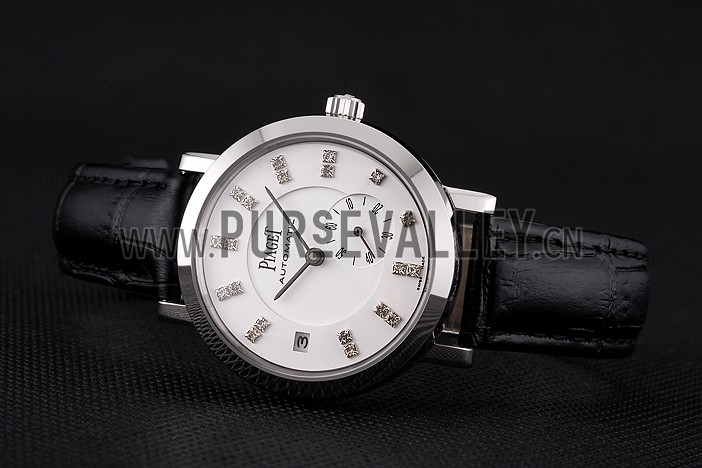 Swiss Piaget Altiplano Date Automatic White Dial Diamond Markers Stainless Steel Case Black Leather Strap