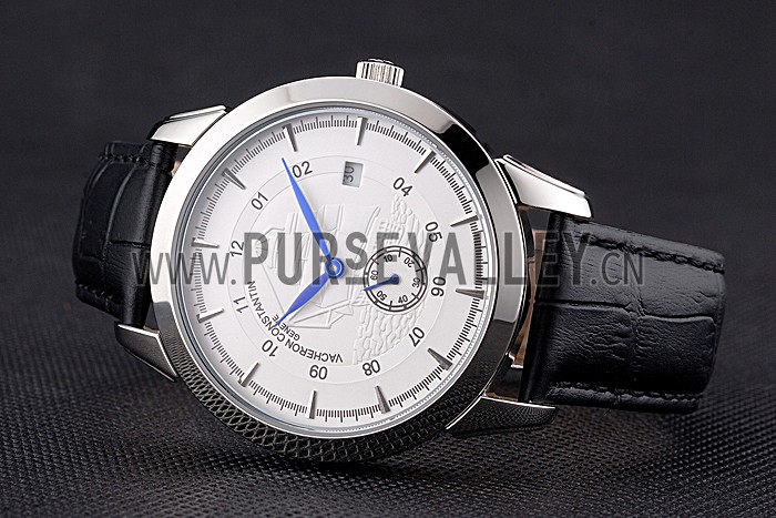 Vacheron Constantin Traditionnelle White Ship Dial Stainless Steel Case Black Leather Strap