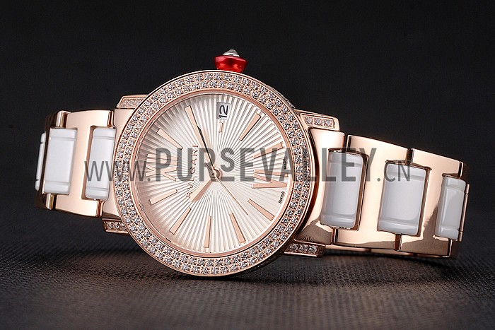 Bvlgari Bvlgari White Guilloche Dial Roman Numerals Gold Case Diamond Bezel Two Tone Bracelet