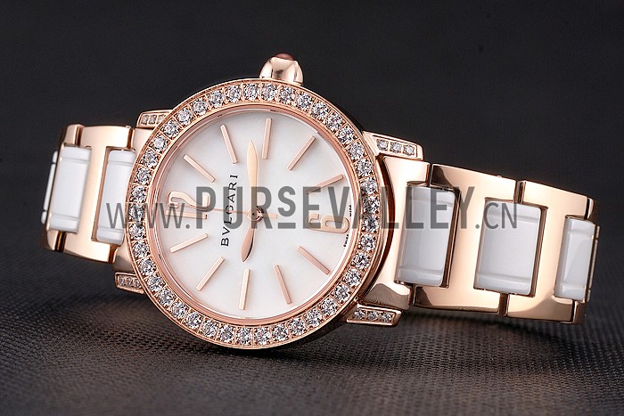 Bvlgari Bvlgari White Dial Gold Case Diamond Bezel Two Tone Bracelet