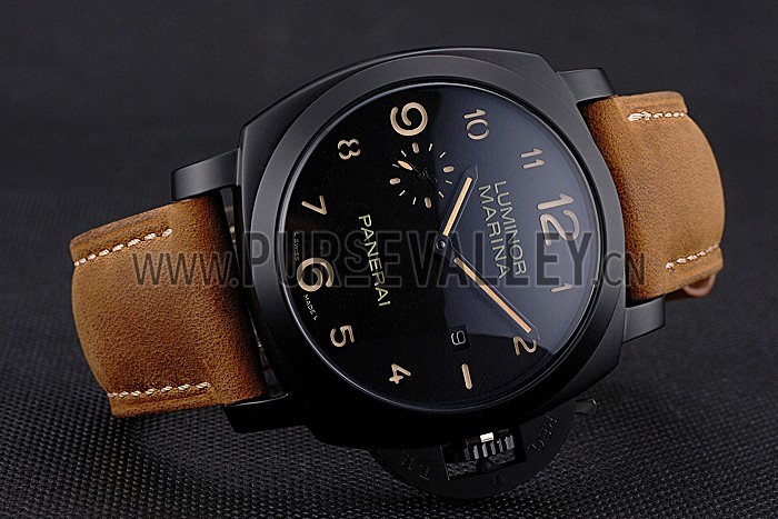 Panerai Luminor Marina 1950 Black Dial Matte Black Steel Case Brown Suede Leather Strap
