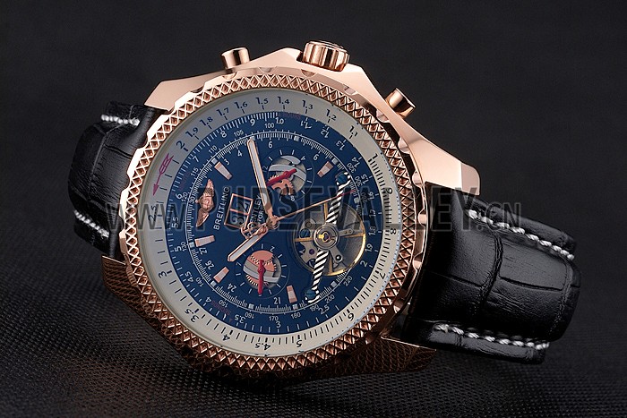 Breitling For Bentley Mulliner Tourbillon Black Dial Rose Gold Case Black Leather Strap