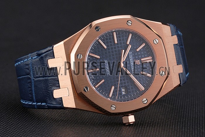 Swiss Audemars Piguet Royal Oak Blue Dial Gold Case Blue Leather Strap