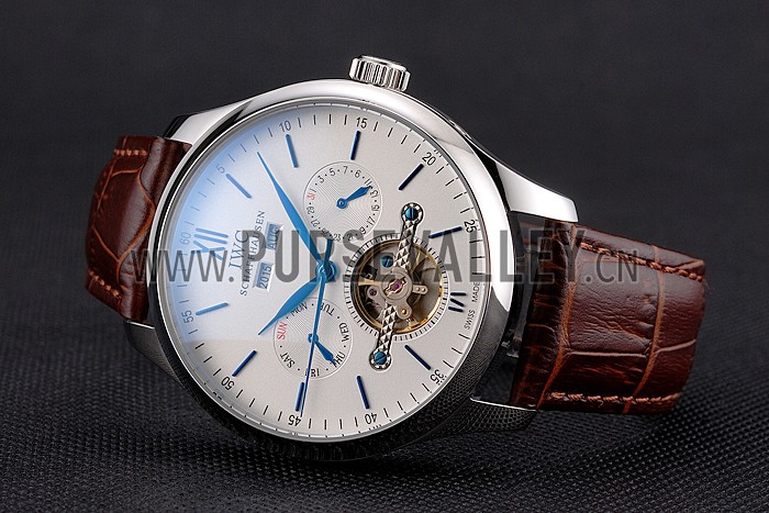 IWC Portofino Tourbillon White Dial Blue Markings Stainless Steel Case Brown Leather Strap
