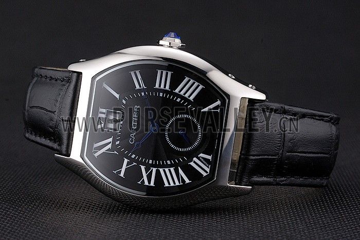 Cartier Tortue Large Date Black Dial Stainless Steel Case Black Leather Strap