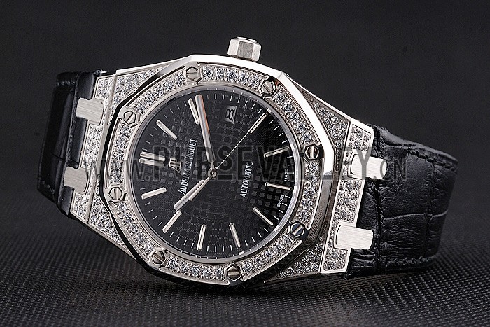 Swiss Audemars Piguet Royal Oak Black Dial Steel Case With Diamonds Black Leather Strap