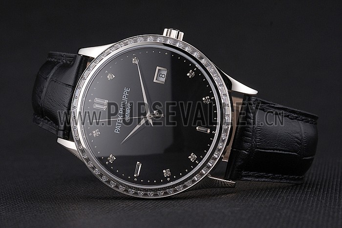 Swiss Patek Philippe Calatrava Black Dial Diamond Bezel Stainless Steel Case Black Leather Strap