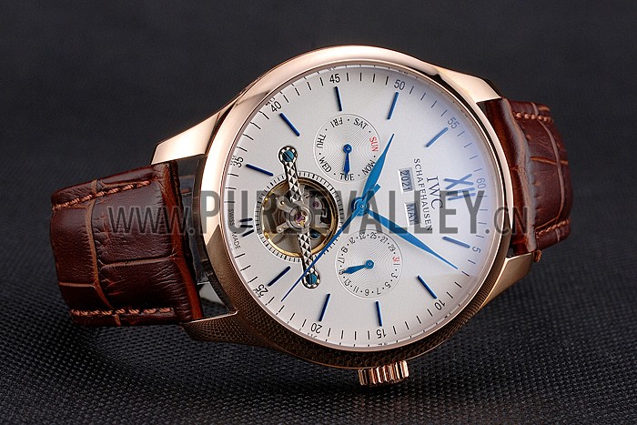 IWC Portofino Tourbillon White Dial Blue Markings Rose Gold Case Brown Leather Strap