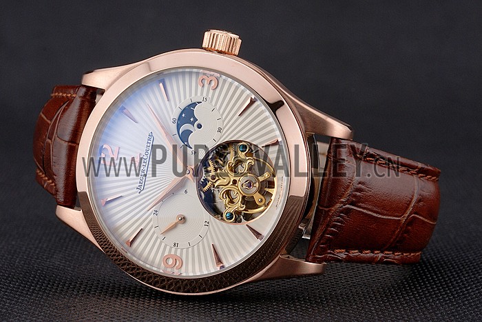 Jaeger LeCoultre Master Moonphase Tourbillon White Dial Rose Gold Case Brown Leather Strap