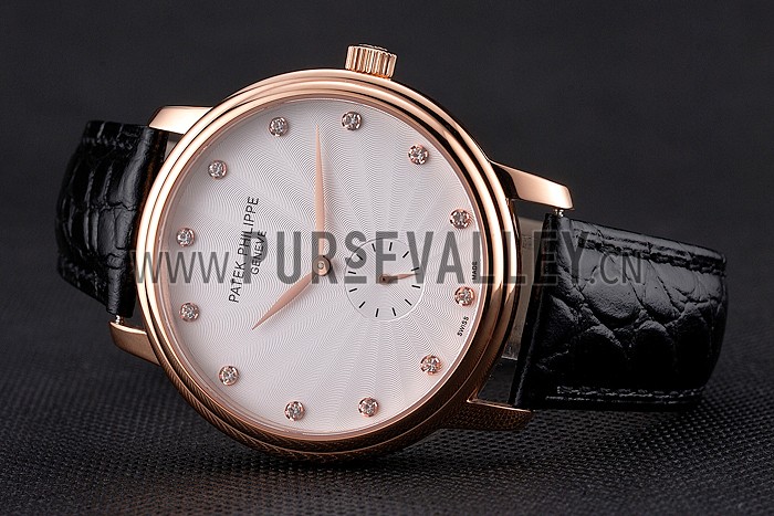 Patek Philippe Calatrava White Guilloche Dial Rose Gold Case Black Leather Strap