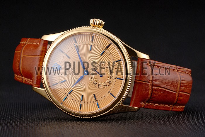 Swiss Rolex Cellini Gold Dial Blue Markings Gold Case Light Brown Leather Strap