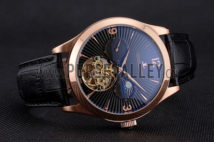 Jaeger LeCoultre Master Moonphase Tourbillon Black Dial Rose Gold Case Black Leather Strap