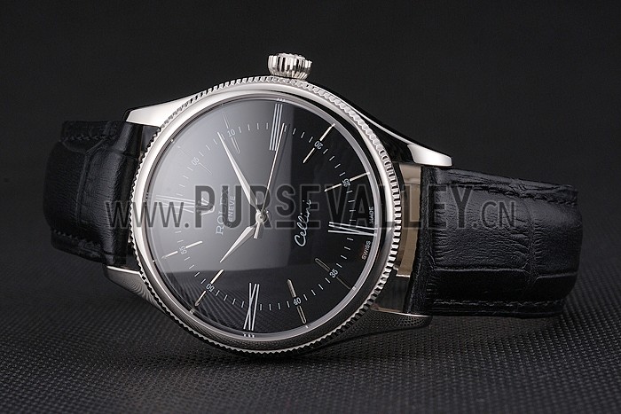 Swiss Rolex Cellini Black Dial Roman Numerals Stainless Steel Case Black Leather Strap