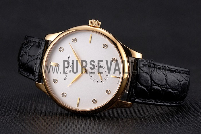 Patek Philippe Calatrava White Dial Diamond Markings Gold Case Black Leather Strap
