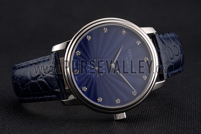 Patek Philippe Calatrava Blue Guilloche Dial Stainless Steel Case Blue Leather Strap