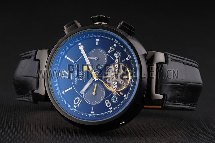 Louis Vuitton Tambour LV277 Tourbillon Black Dial Black PVD Case Black Leather Strap