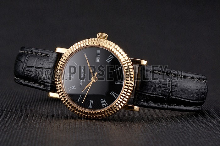 Patek Philippe Calatrava Black Dial Roman Numerals Double Ribbed Bezel Gold Case Black Leather Strap
