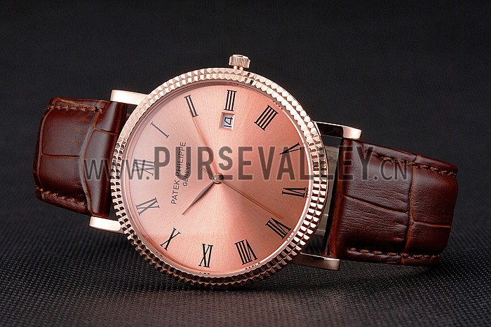 Patek Philippe Calatrava Rose Gold Dial Roman Numerals Ribbed Bezel Rose Gold Case Brown Leather Strap