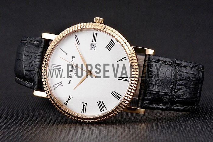 Patek Philippe Calatrava White Dial Roman Numerals Ribbed Bezel Gold Case Black Leather Strap